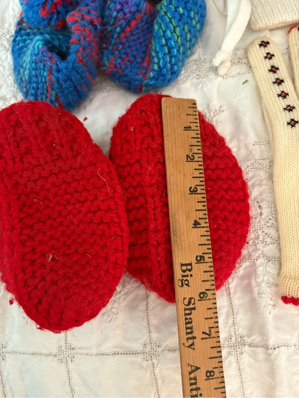 Handmade Cream and Multicolor Knit Winter Gloves & Slippers Set LOT
